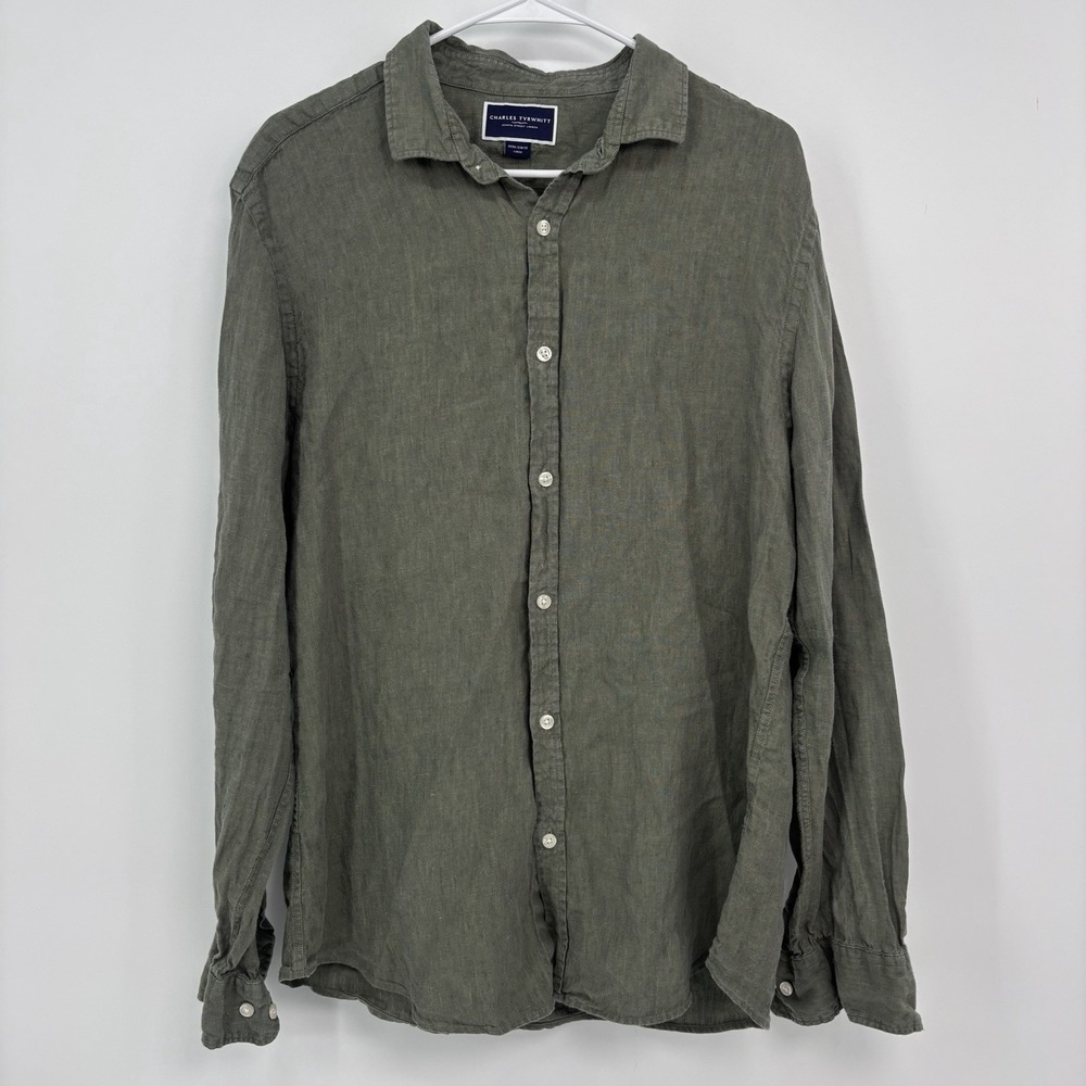 Charles Tyrwhitt Men's Large Green 100% Linen Shirt Extra Slim Fit Long Sleeve